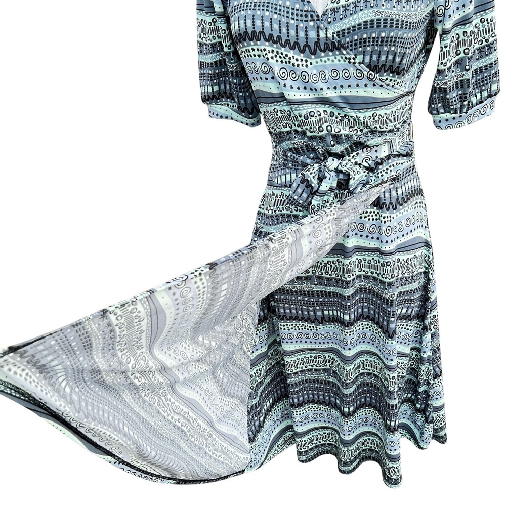 B Moss Vtg Dress Faux Wrap Abstract Stripe Gray Green Stretch Boho Chic Office - Picture 6 of 9